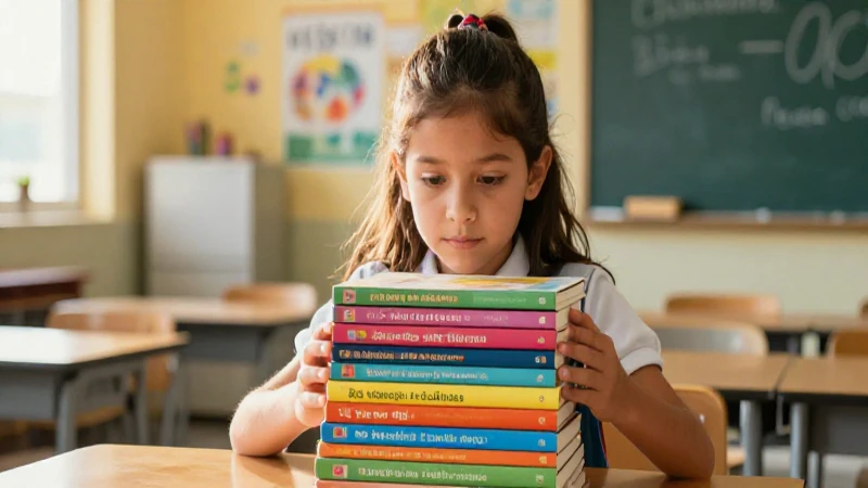 Niño con libros en aula bajo luz dramática