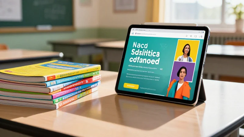 Libros coloridos, tablet interactiva y aula moderna