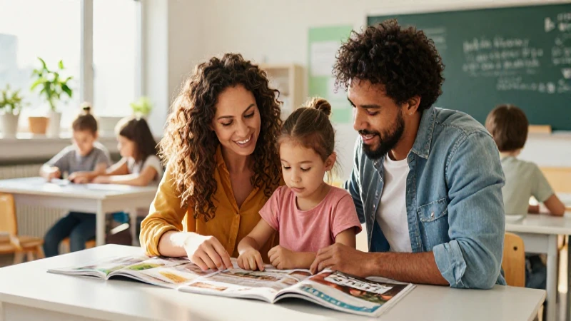Familia diversa en aula luminosa y profesional