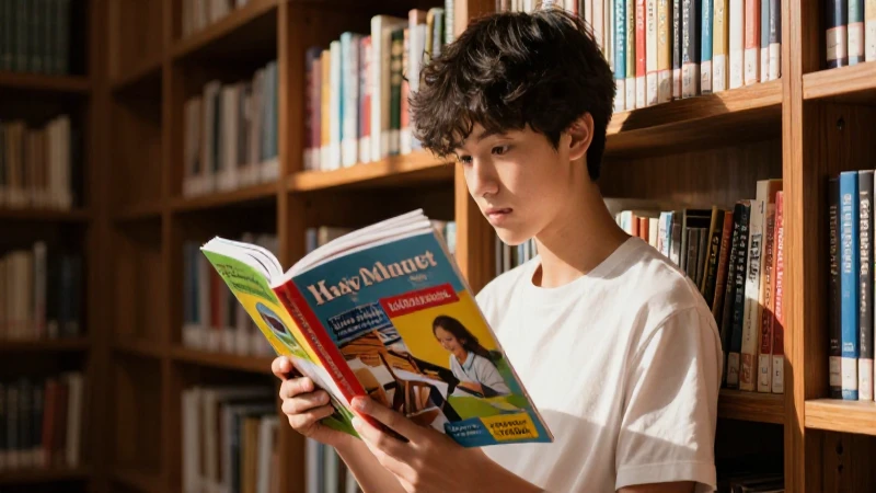 Estudiante leyendo libro en cálida biblioteca