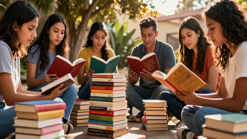 Lectura comunitaria bajo cálida luz mexicana