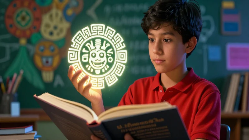 Libros para 2º de telesecundaria: Conoce los mejores en historia 5 Estudiante sostiene glifo mesoamericano brillante