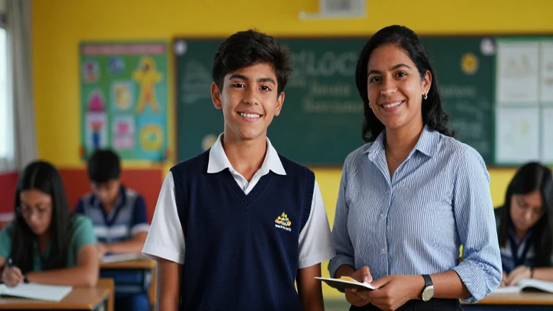 Estudiante sonríendo con docente en moderno aula