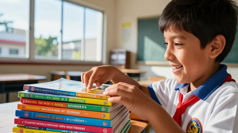 Estudiante alegre interactúa con libros escolares vibrantes