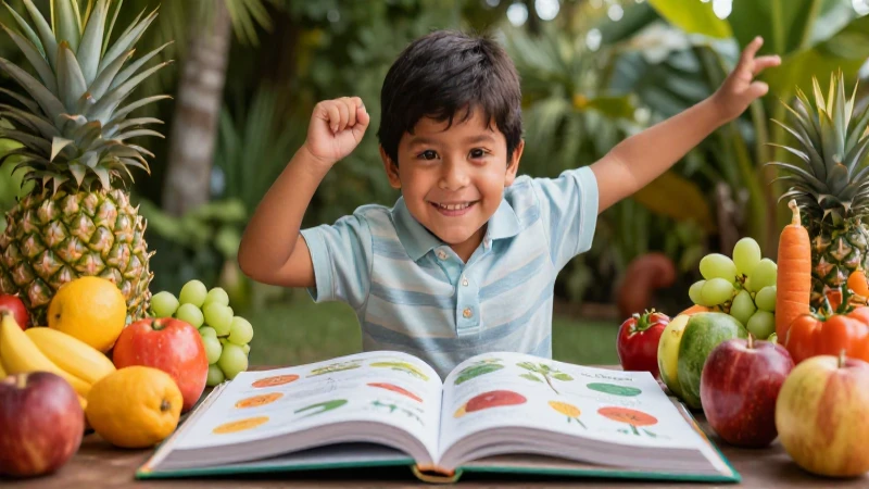 Niño mexicano sonriente con frutas y vegetales coloridos