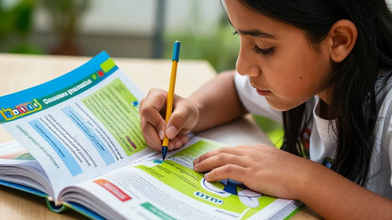 Estudiante mexicano estudia con entusiasmo un libro de gramática