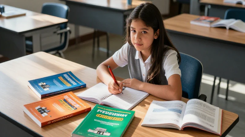 Estudiante confiado con libros mexicanos en un escritorio