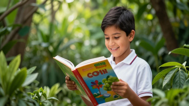 Estudiante feliz lee un libro con ambiente vibrante