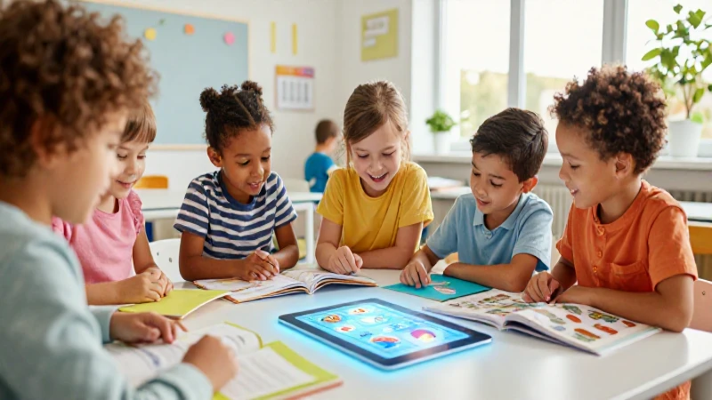 ¡Descarga libros de educación preescolar en PDF para potenciar el desarrollo infantil! 4 Niños felices exploran libros y tabletas en un aula