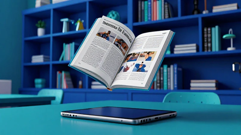 Estantería digital vibrante con libro flotando en clase
