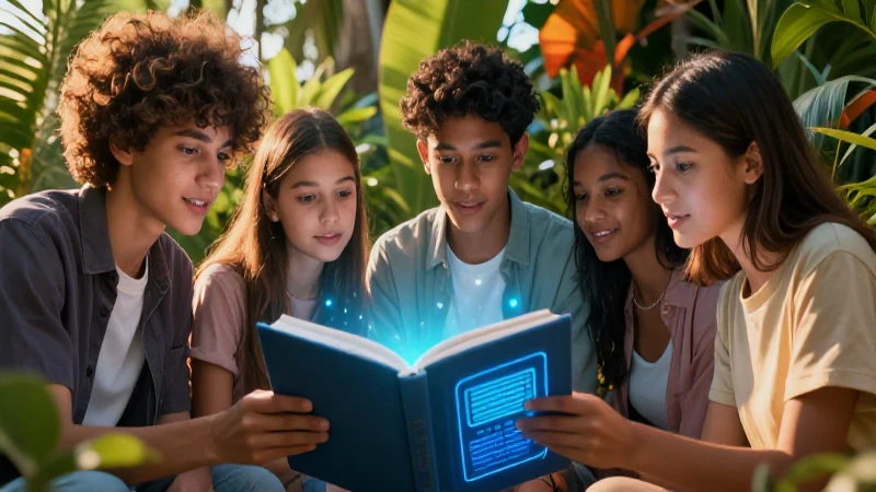 Estudiante aprende con luz digital y naturaleza vibrante