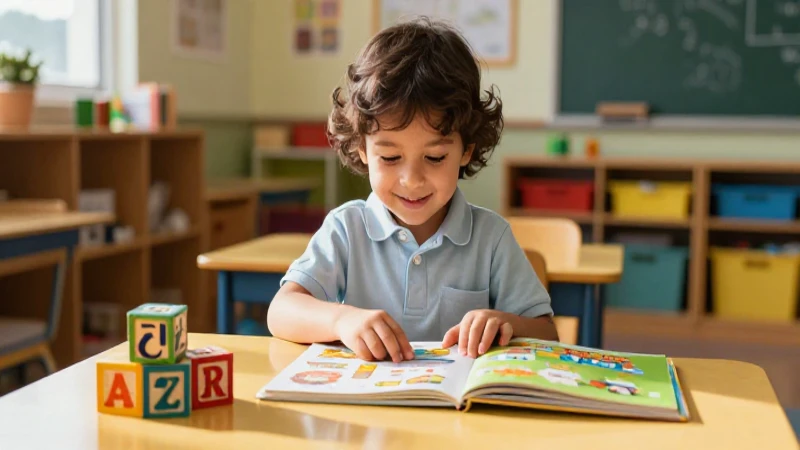 Niño feliz aprendiendo en aula moderna