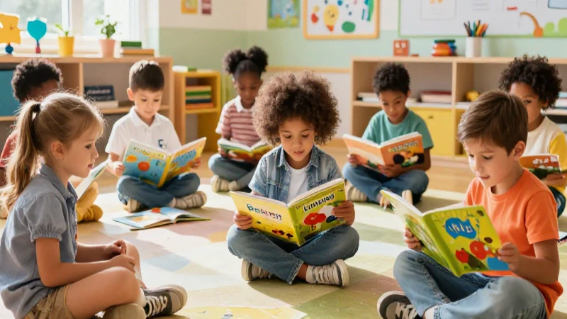 Niños felices leyendo libros de inglés