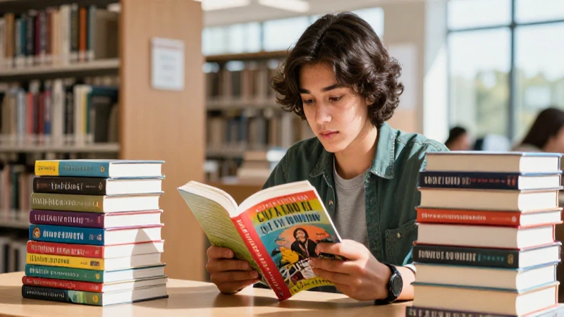 Estudiante concentrado en vibrante biblioteca moderna