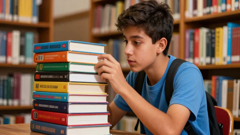 Estudiante mira libros en librería vibrante