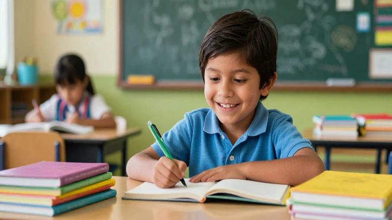 Libros para kinder en Innova School: educa y divierte a tus pequeños 3 Niño mexicano alegre con libros y luz vibrante