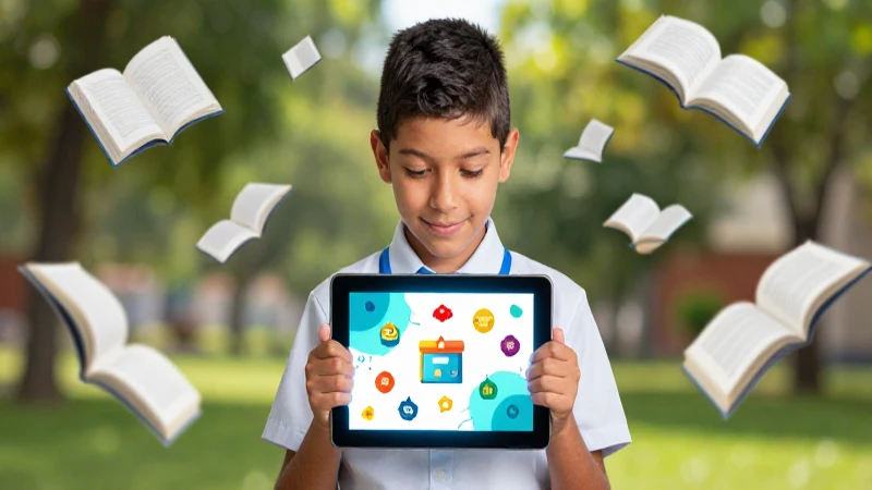 Niño mexicano estudia con tablet brillante y libros