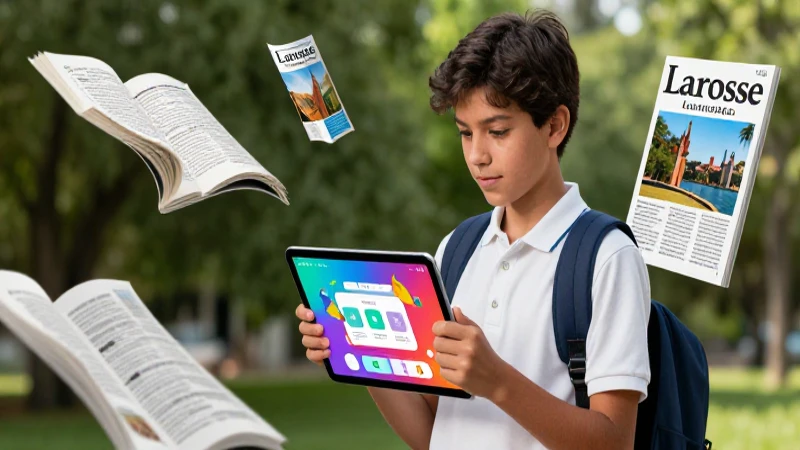 Descarga gratis los libros de Larousse secundaria en formato PDF 3 Joven estudiante aprende con tablet y libros flotantes