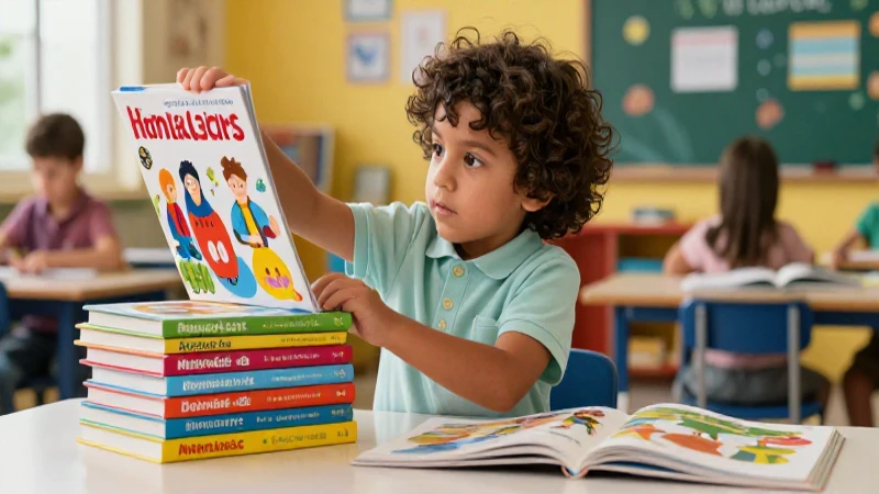 Niño curioso interactúa con libros educativos coloridos