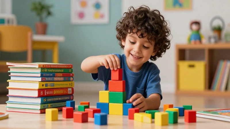 Niño feliz jugando con bloques didácticos