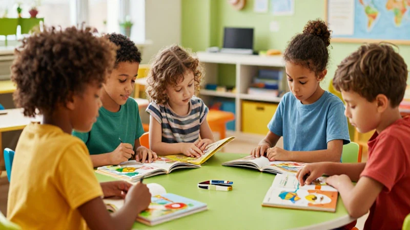 Niños leen libros coloridos en un aula moderna