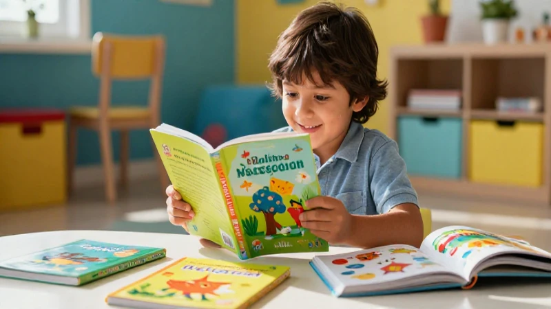 Niño feliz con libros educativos en entorno moderno