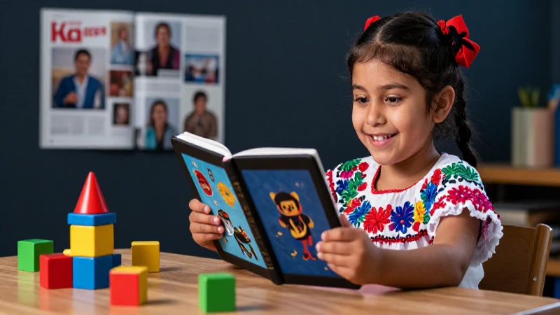 Niño alegre en traje mexicano con libro digital y bloques