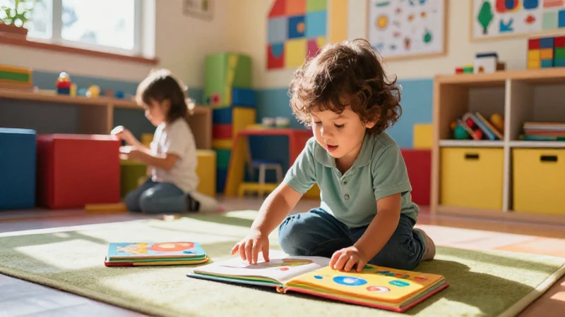 Niño feliz con libros en aula moderna