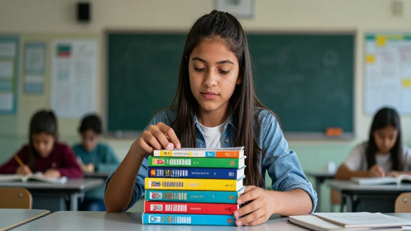 Estudiante mexicano con libros en un aula moderna