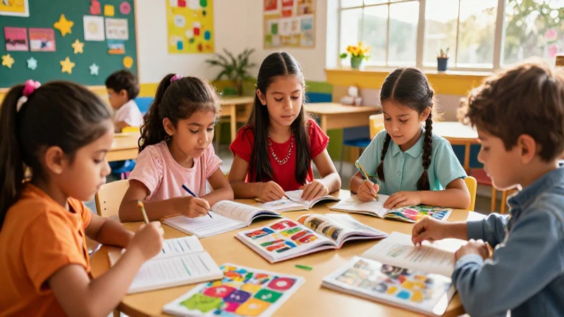 Estudiantes diversos aprendiendo en un aula moderna
