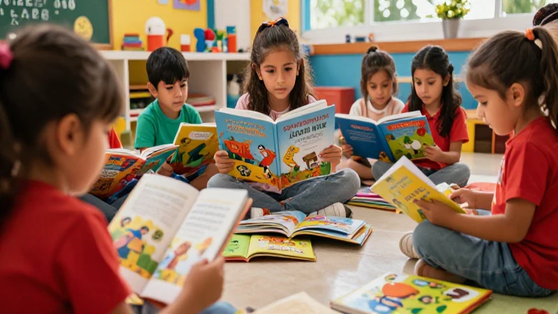 Niños aprenden a leer con libros mexicanos coloridos