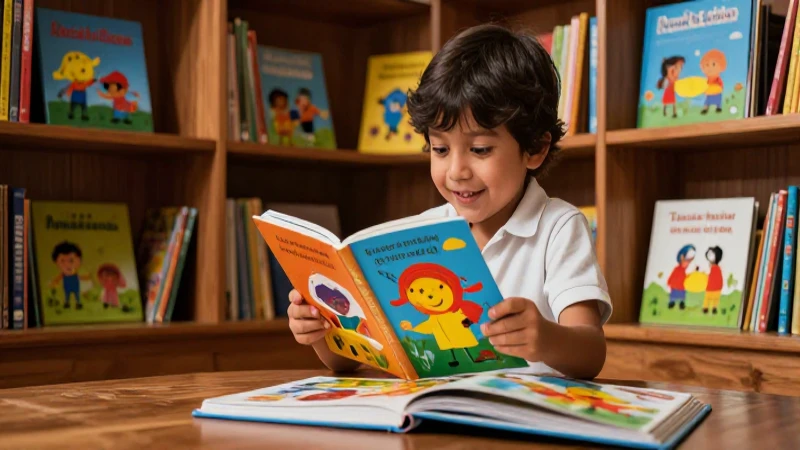 Libros de preescolar: aprendizaje y creatividad estimulados 4 Niño alegre en biblioteca ilustrada