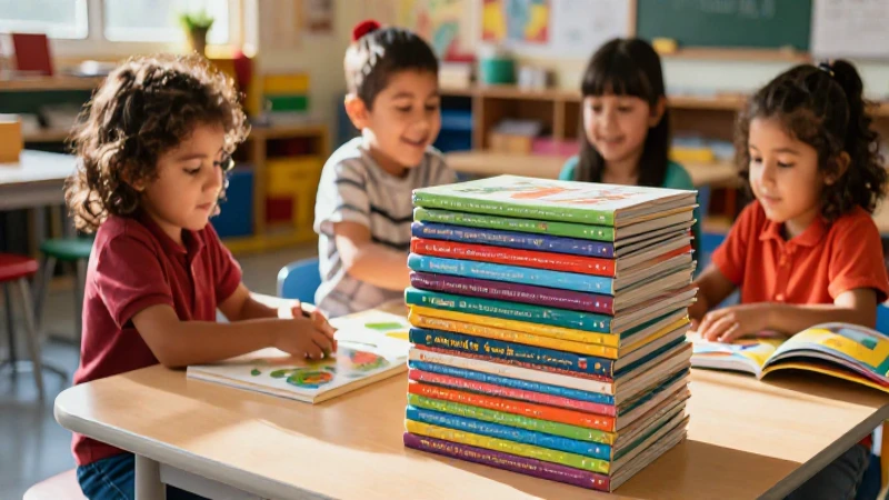 Libros y niños felices en una sala colorida