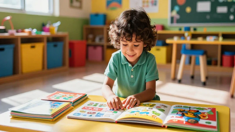 Niño feliz jugando con libros coloridos en una aula luminosa