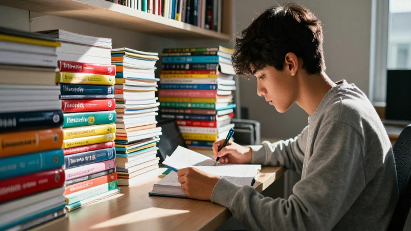 Estudiante enfocado estudia recursos educativos en un rincón iluminado