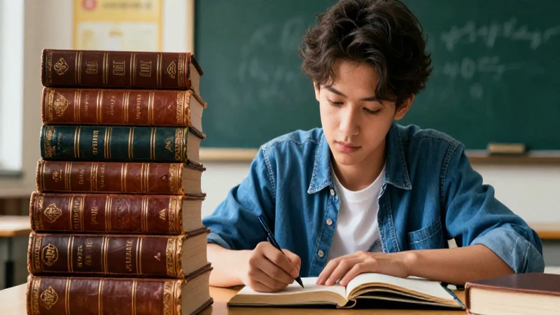 Estudiante enfocado rodeado de libros antiguos