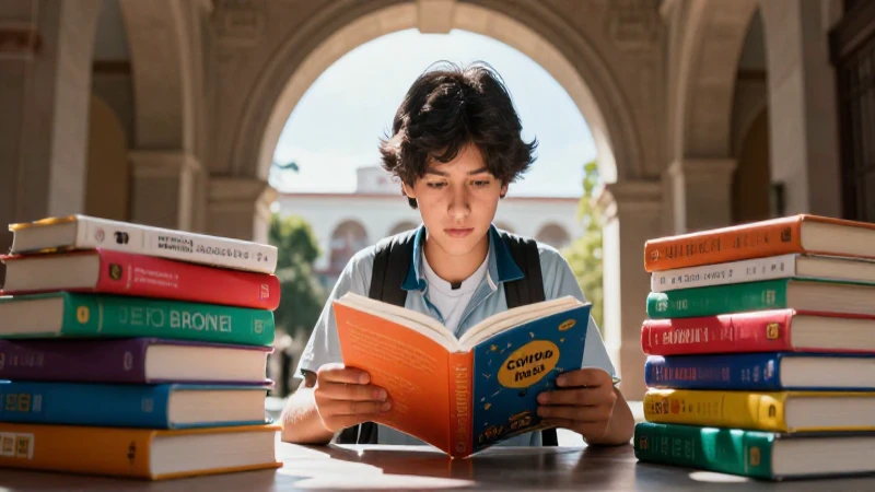 Joven estudiante lee literatura bajo luz cinematográfica