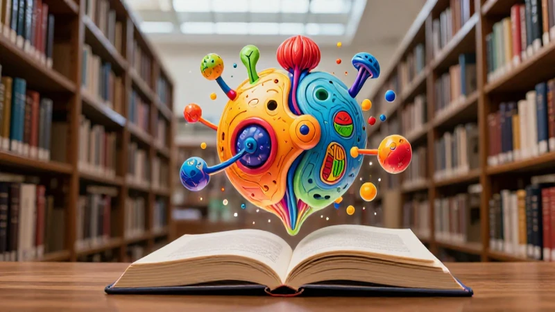 Estudiante de preparatoria con ilustración biológica flotando sobre libros