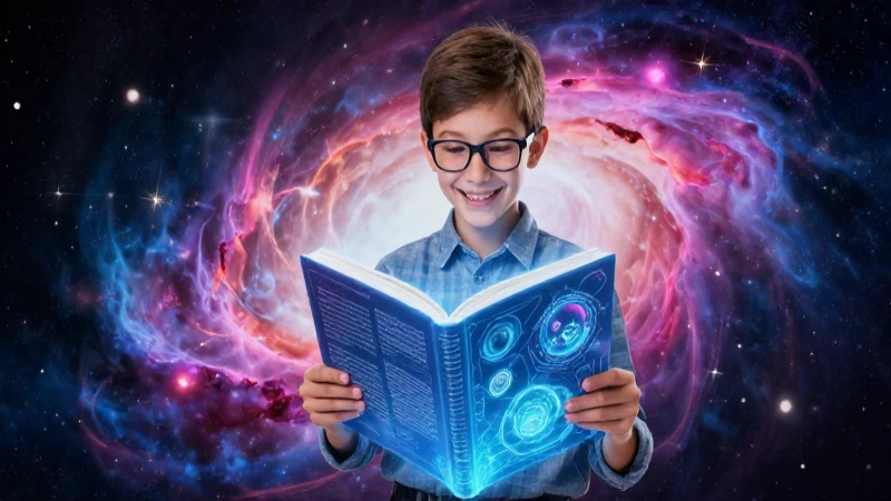 Estudiante sonriente con libro de ciencia ficción holográfico