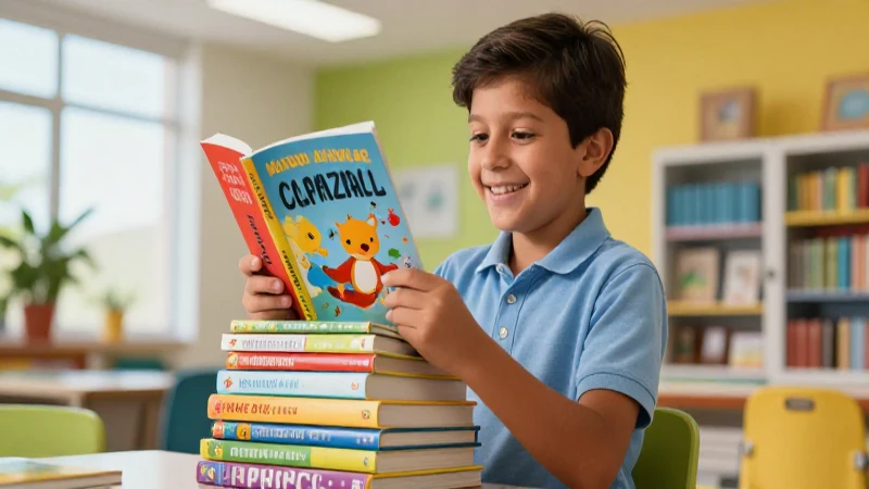 Niño mexicano feliz examina libros educativos vibrantes