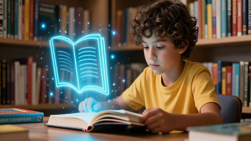 Estudiante lee con estética educativa futurista