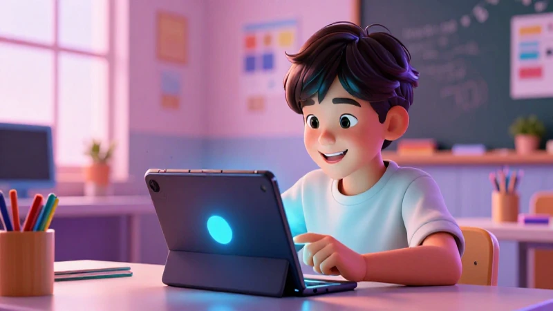 Mejores libros digitales para primaria: potencia el aprendizaje 3 Estudiante feliz usa tableta educativa en clase vibrante