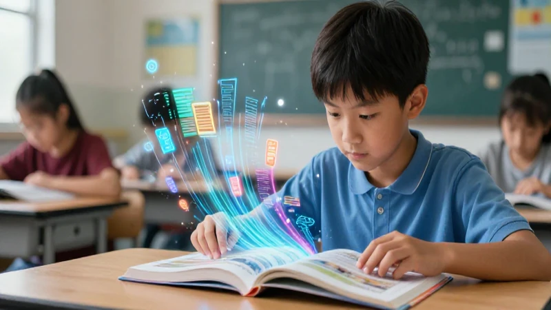 Estudiante enfocado en libro digital vibrante
