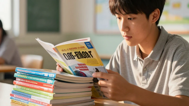 Estudiante revisando libros vibrantes bajo luz dorada