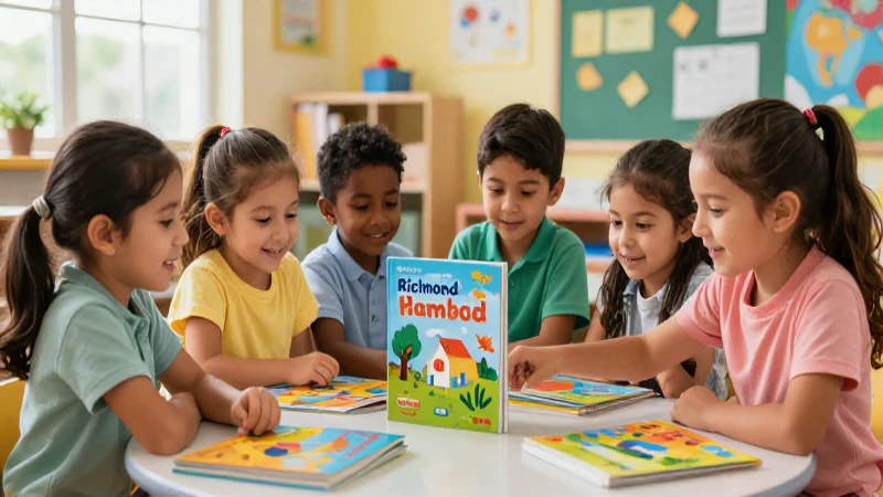 Niño mexicano sonríe con libros vibrantes en un aula