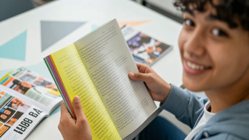 Estudiante feliz sostiene libro de forma real