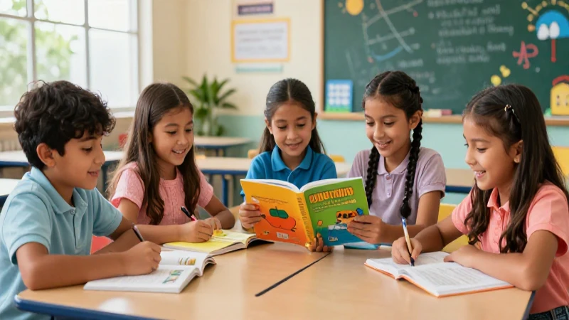 Niños mexicanos felices aprendiendo en un aula colorida