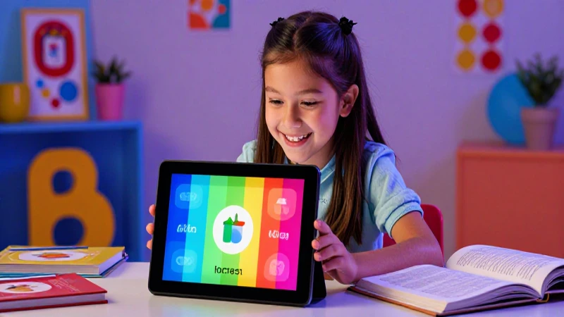 Niña mexicana disfruta aprendizaje digital con libros coloridos