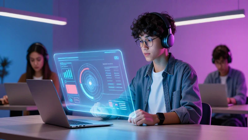 Estudiante dinámico con interfaz holográfica y estudio