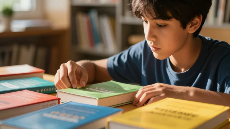 Estudiante concentrado en libros vibrantes, iluminación cinematográfica